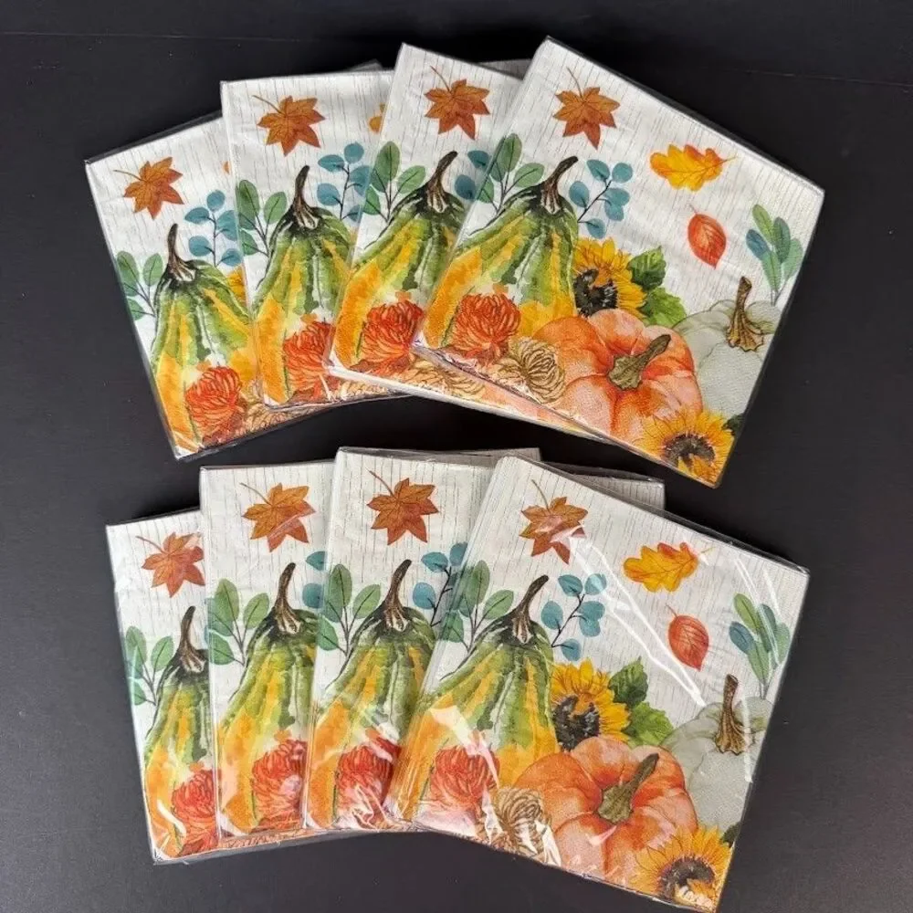 8 Packs Elegant Autumn Fall/Thanksgiving Paper Luncheon Napkins, 16 per package